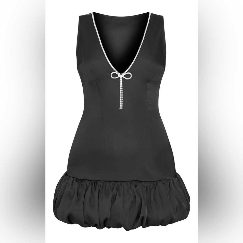 New Elegant Black Satin Dress with Pearl Detail